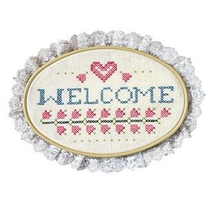 Handmade Cross Stitch Embroidered Welcome Sign with Lace Trim